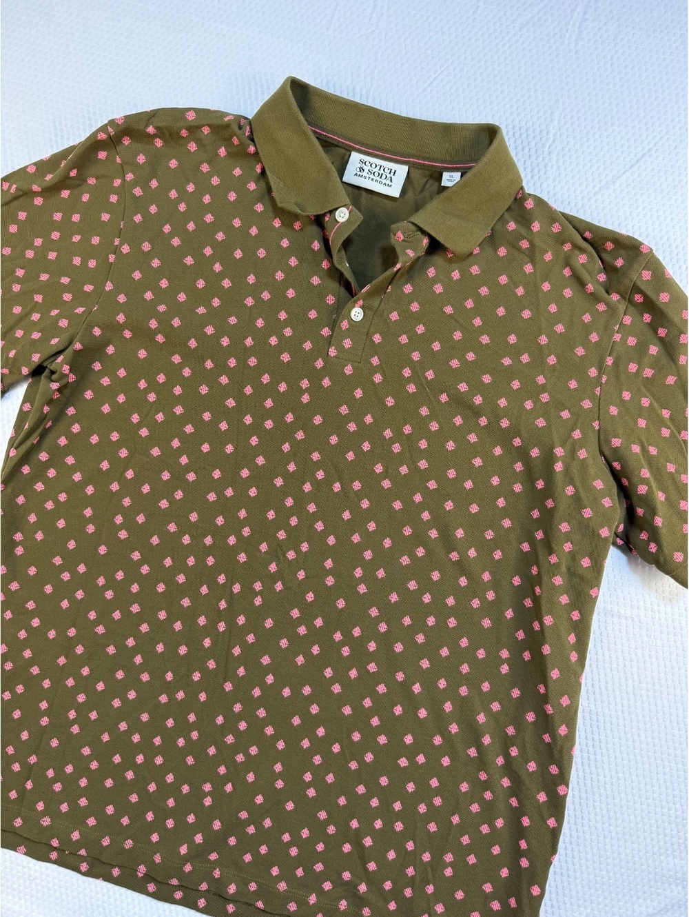 Scotch & Soda Amsterdam Mens XL Polo Olive Pink Geometric Print Preppy Casual